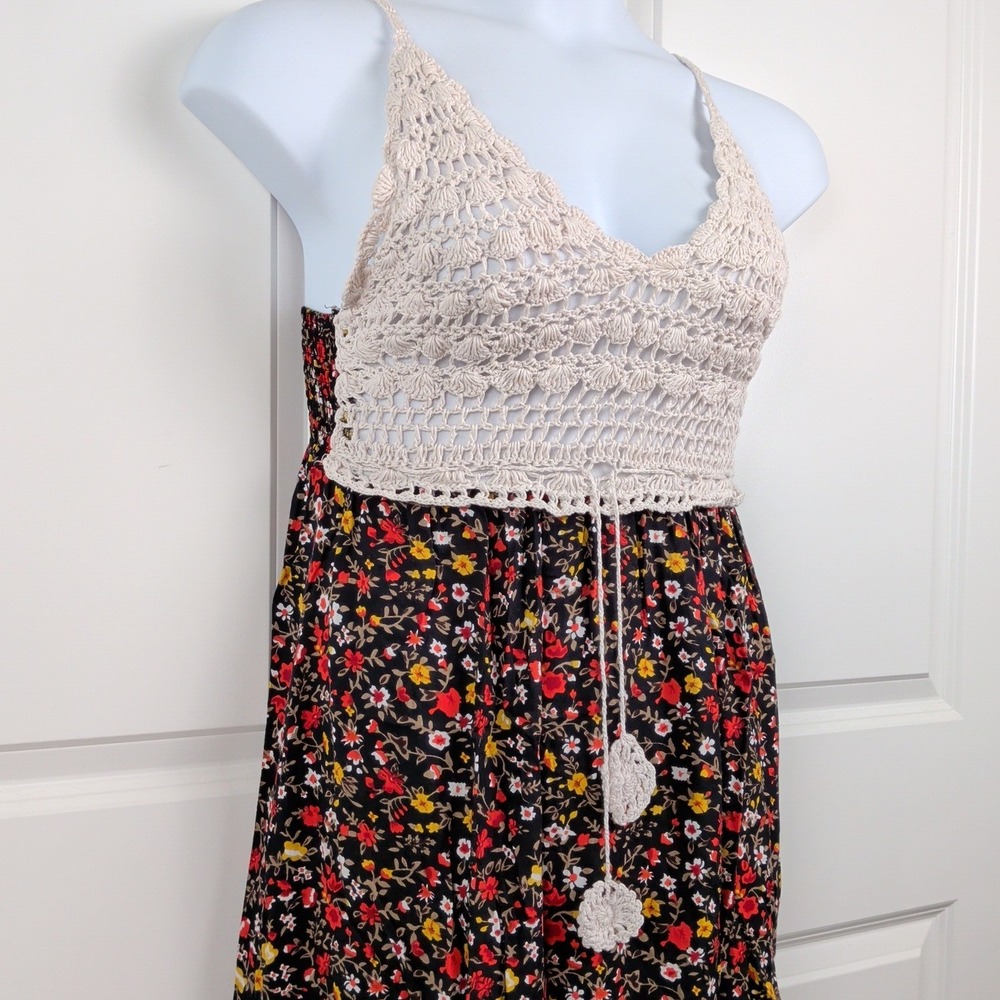 Floral Crochet Smocked Maxi Dress Black Red Size Large Boho Earthy Indie